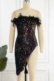 Black Sexy Solid Patchwork Feathers Slit Strapless Irregular Dress Dresses