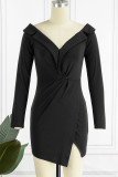 Black Sexy Solid Patchwork Asymmetrical V Neck Irregular Dress Dresses