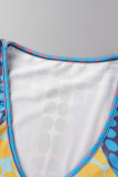 Blue Sexy Print Patchwork V Neck Long Sleeve Two Pieces
