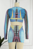 Blue Sexy Print Patchwork V Neck Long Sleeve Two Pieces