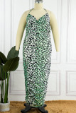 Green Sexy Print Leopard Patchwork Fold Halter One Step Skirt Plus Size Dresses