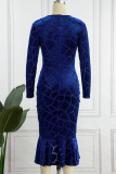 Blue Sexy Solid Patchwork Flounce V Neck Trumpet Mermaid Dresses