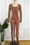 Brown Sexy Print Patchwork O Neck Skinny Jumpsuits