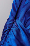 Colorful Blue Elegant Solid Patchwork Fold Oblique Collar Straight Dresses