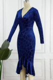 Blue Sexy Solid Patchwork Flounce V Neck Trumpet Mermaid Dresses