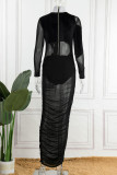 Black Sexy Solid Patchwork See-through Fold Turtleneck Pencil Skirt Dresses