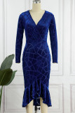 Blue Sexy Solid Patchwork Flounce V Neck Trumpet Mermaid Dresses