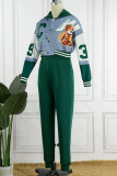 Ink Green Casual Street Print Patchwork Buckle Hooded Collar Long Sleeve Two Pieces