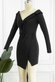 Black Sexy Solid Patchwork Asymmetrical V Neck Irregular Dress Dresses