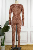 Brown Sexy Print Patchwork O Neck Skinny Jumpsuits