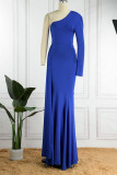 Colorful Blue Elegant Solid Patchwork Oblique Collar Evening Dress Dresses