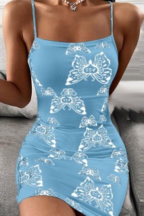 Sky Blue Sexy Print Backless Spaghetti Strap Sleeveless Dress Dresses