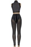 Color Blue Sexy Patchwork Hot Drilling See-through Turtleneck Sleeveless Two Pieces