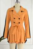 Tangerine Red Casual Solid Patchwork With Belt Turn-back Collar Straight Dresses