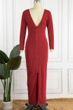 Red Elegant Solid Patchwork Slit Zipper V Neck Pencil Skirt Dresses