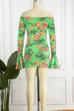 Red Sexy Print Patchwork Fold Off the Shoulder Pencil Skirt Dresses