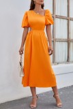 Orange Casual Solid Hollowed Out Oblique Collar Short Sleeve Dress Dresses