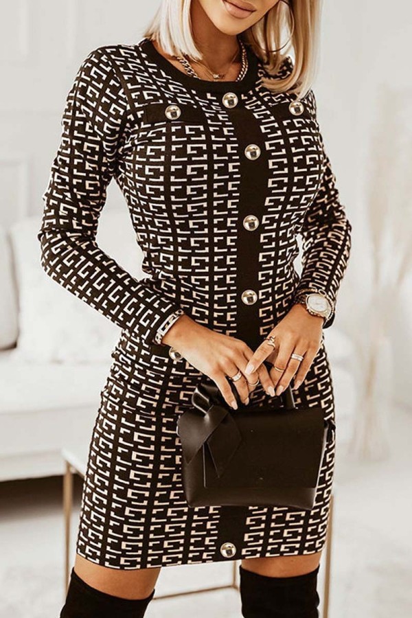 Black Casual Print Patchwork O Neck Long Sleeve Dresses