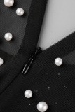 Black Sexy Elegant Solid Patchwork See-through Beading O Neck Regular Jumpsuits