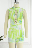 Green Sexy Print Hollowed Out Patchwork Metal Accessories Decoration Half A Turtleneck Skinny Rompers