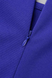 Colorful Blue Sexy Solid Hollowed Out Patchwork Square Collar Long Sleeve Two Pieces
