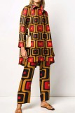 Pale Red Casual Print Patchwork Shirt Collar Long Sleeve Two Pieces