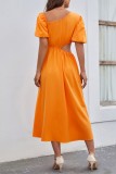 Orange Casual Solid Hollowed Out Oblique Collar Short Sleeve Dress Dresses