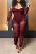 Burgundy Sexy Solid Patchwork See-through Fold Spaghetti Strap Plus Size Jumpsuits