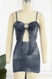 Blue Sexy Solid Patchwork Asymmetrical Stringy Selvedge Spaghetti Strap Sleeveless Two Pieces