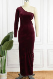 Burgundy Sexy Solid Hollowed Out Patchwork Oblique Collar One Step Skirt Dresses