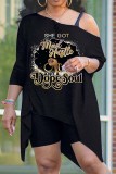 Black Gold Casual Print Asymmetrical Oblique Collar Long Sleeve Two Pieces
