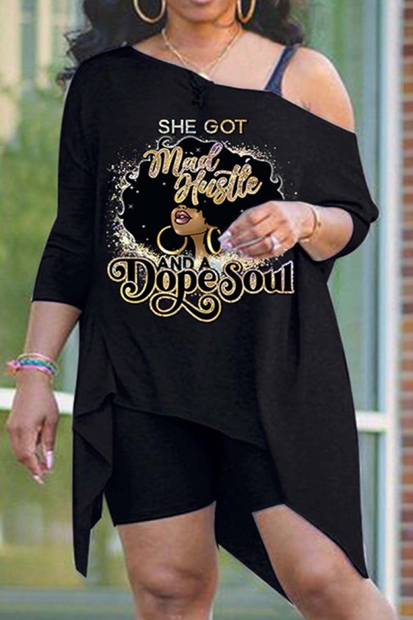 Black Gold Casual Print Asymmetrical Oblique Collar Long Sleeve Two Pieces