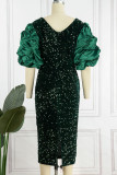 Red Elegant Solid Sequins Patchwork Fold V Neck Evening Dress Dresses