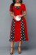 Red Casual Dot Print Patchwork Square Collar Short Sleeve Dress Dresses