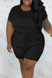 Black Casual Solid Patchwork O Neck Plus Size Jumpsuits