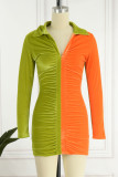 Orange Green Sexy Solid Patchwork Fold V Neck Pencil Skirt Dresses