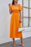 Orange Casual Solid Hollowed Out Oblique Collar Short Sleeve Dress Dresses