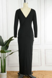 Black Elegant Solid Patchwork Slit Zipper V Neck Pencil Skirt Dresses