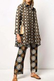 Pale Red Casual Print Patchwork Shirt Collar Long Sleeve Two Pieces