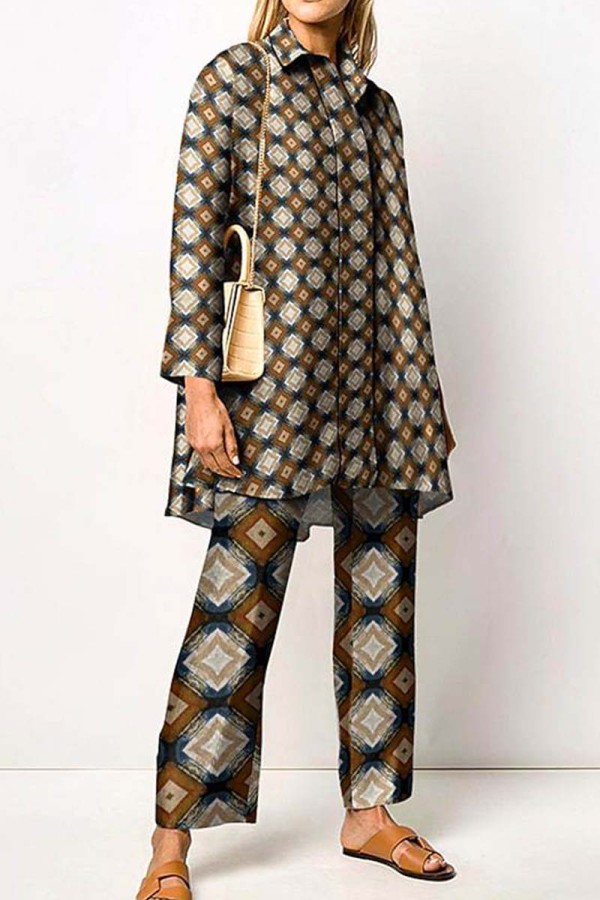 Brown Casual Print Patchwork Shirt Collar Long Sleeve Two Pieces