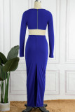 Colorful Blue Sexy Solid Hollowed Out Patchwork Square Collar Long Sleeve Two Pieces