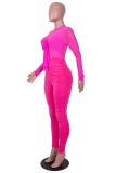 Rose Red Sexy Solid Patchwork See-through Half A Turtleneck Skinny Jumpsuits