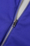 Colorful Blue Sexy Solid Hollowed Out Patchwork Square Collar Long Sleeve Two Pieces