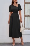 Orange Casual Solid Hollowed Out Oblique Collar Short Sleeve Dress Dresses