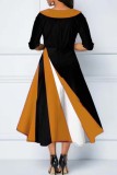 Deep Red Casual Patchwork Contrast Oblique Collar A Line Dresses