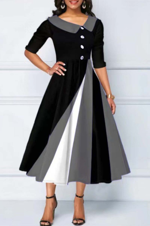 Grey Casual Patchwork Contrast Oblique Collar A Line Dresses