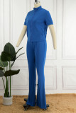Blue Casual Solid Patchwork Zipper Short Sleeve Two Pieces