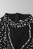 Black Sexy Elegant Solid Patchwork See-through Beading O Neck Regular Jumpsuits