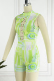 Green Sexy Print Hollowed Out Patchwork Metal Accessories Decoration Half A Turtleneck Skinny Rompers