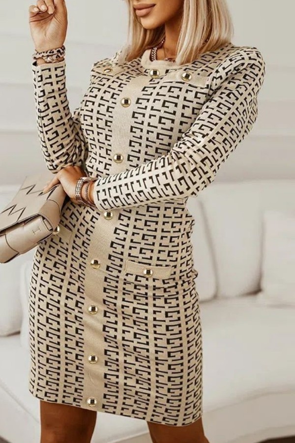 Apricot Casual Print Patchwork O Neck Long Sleeve Dresses